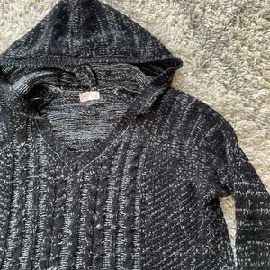 SO Black Speckled Cable Knit Hooded Sweater XL V-Neck Long Sleeve
